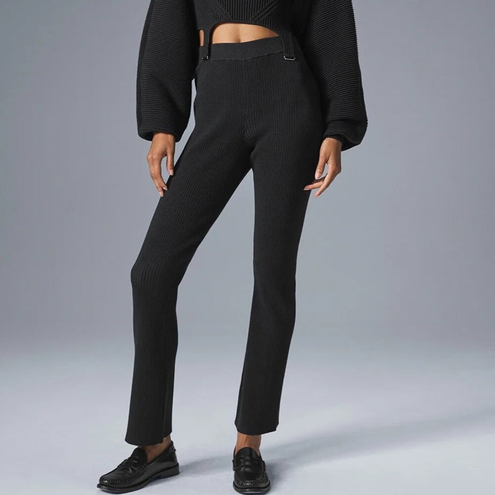 NEW Alo Yoga Denim Knit High-Waist Flare Pant in Black/Anthracite